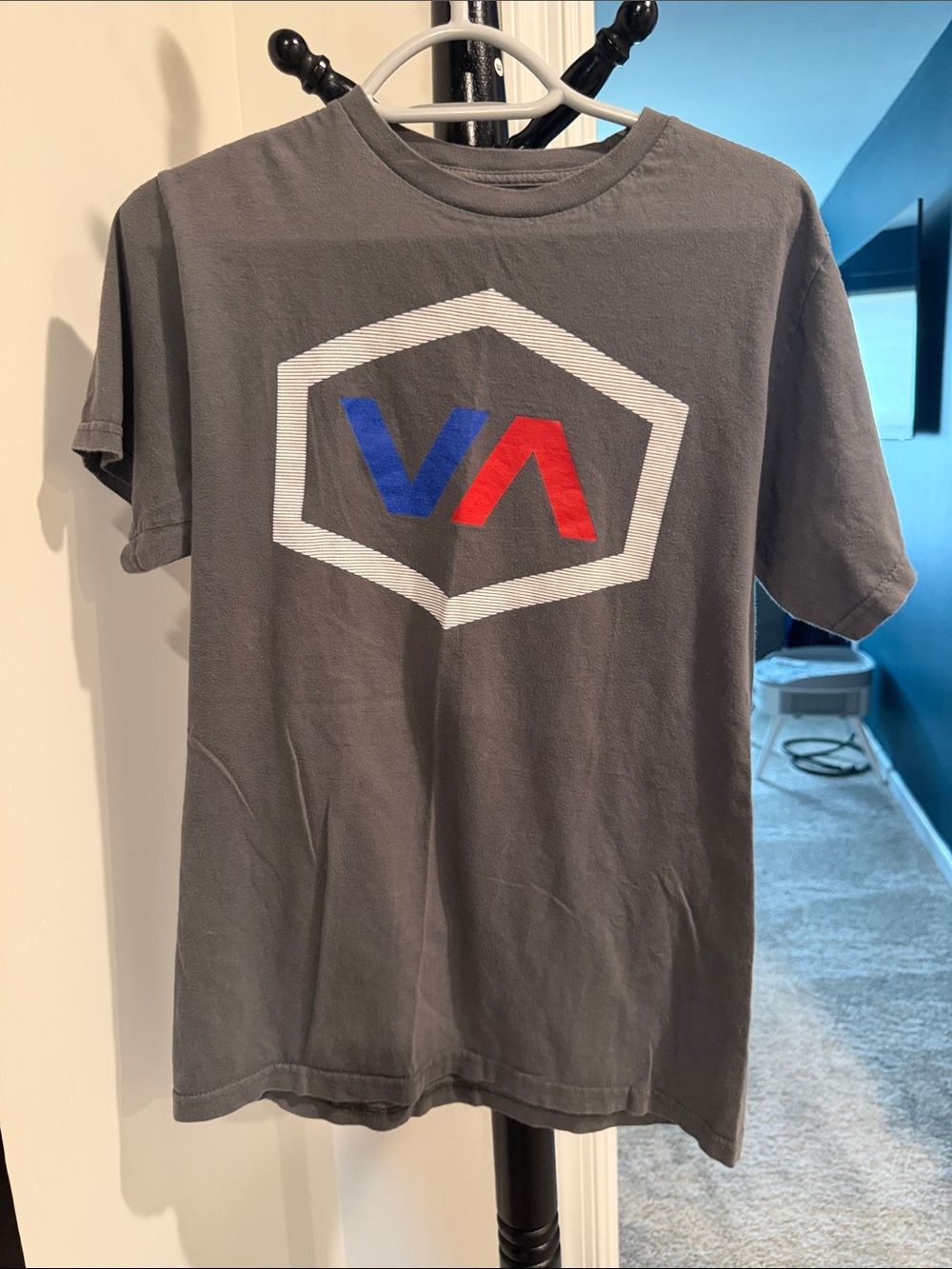 RVCA Gray Short Sleeve Tee with Blue & Red VA Logo